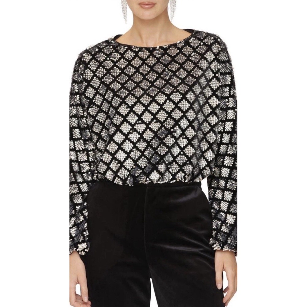 Avec Les Filles Sequin Top XS Black Silver Long Sleeve Cropped Party NYE Glam